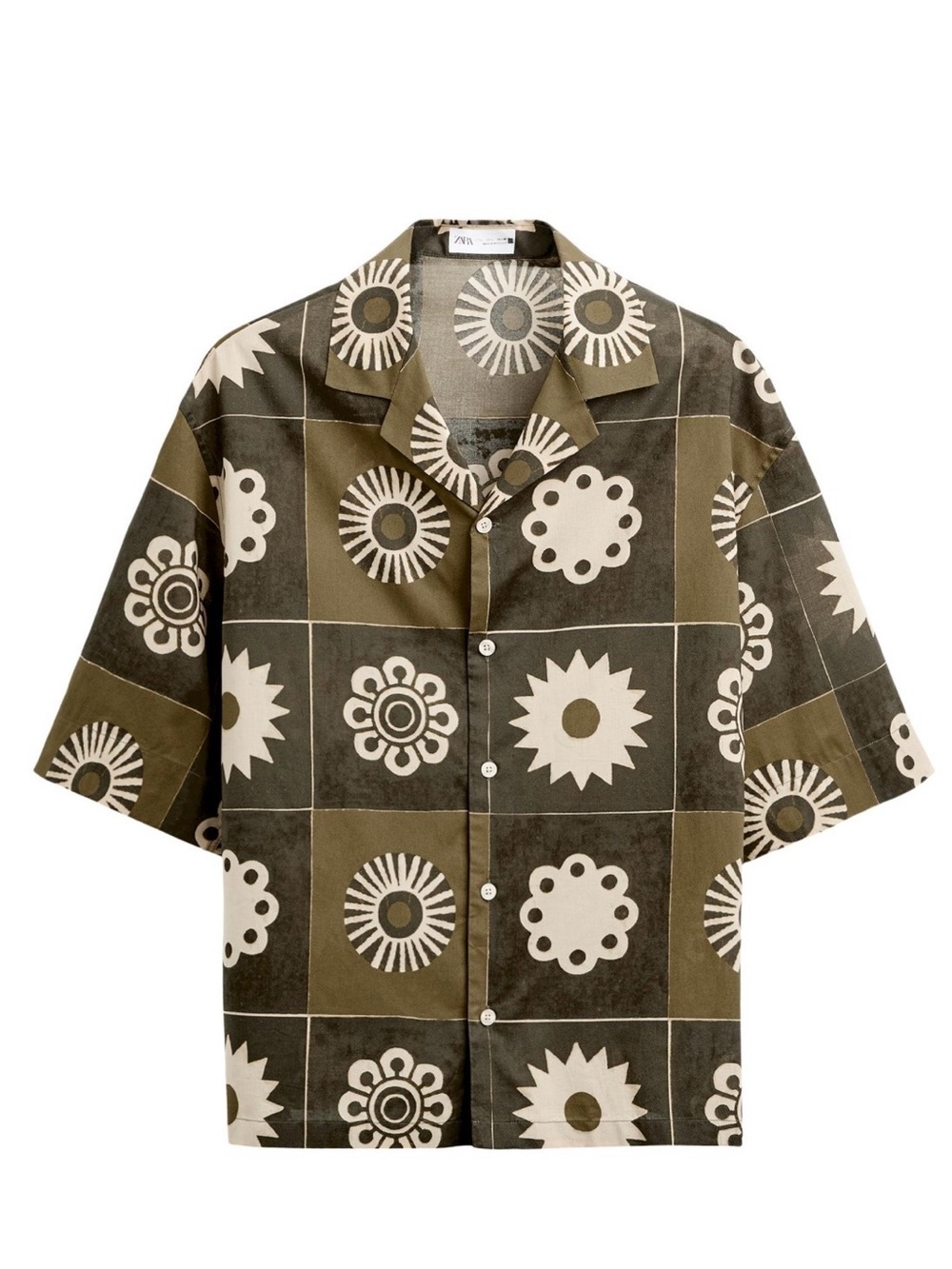 Zara Olive Green & Cream Floral-Print Short-Sleeve Button-Down Shirt